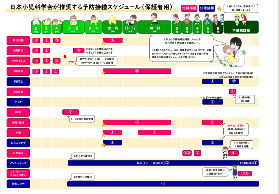 日本小児科学会が推奨する予防接種スケジュール（保護者用）